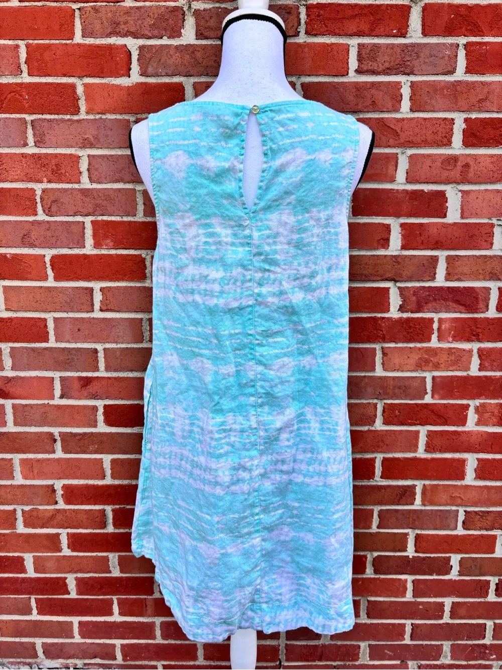Nicole Miller NY Teal White Cream Tie Dye Linen Mini Shift Dress Womens Medium